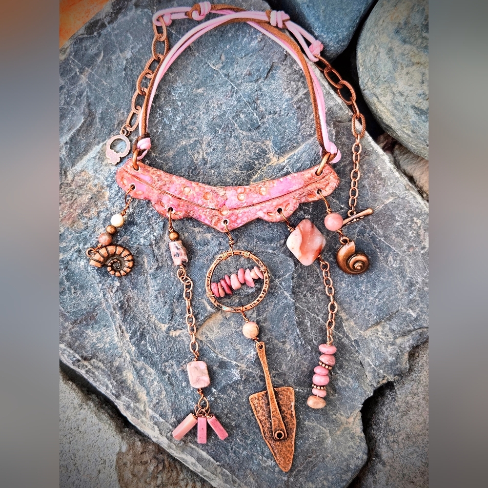 Pink In Earth Assemblage W/ Rhodochrosite In Artisan Chime Copper Necklace